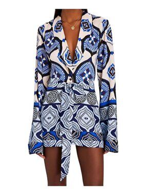 Alexis Robbie Romper in Santorini print S small NO BELT blue long sleeve tile